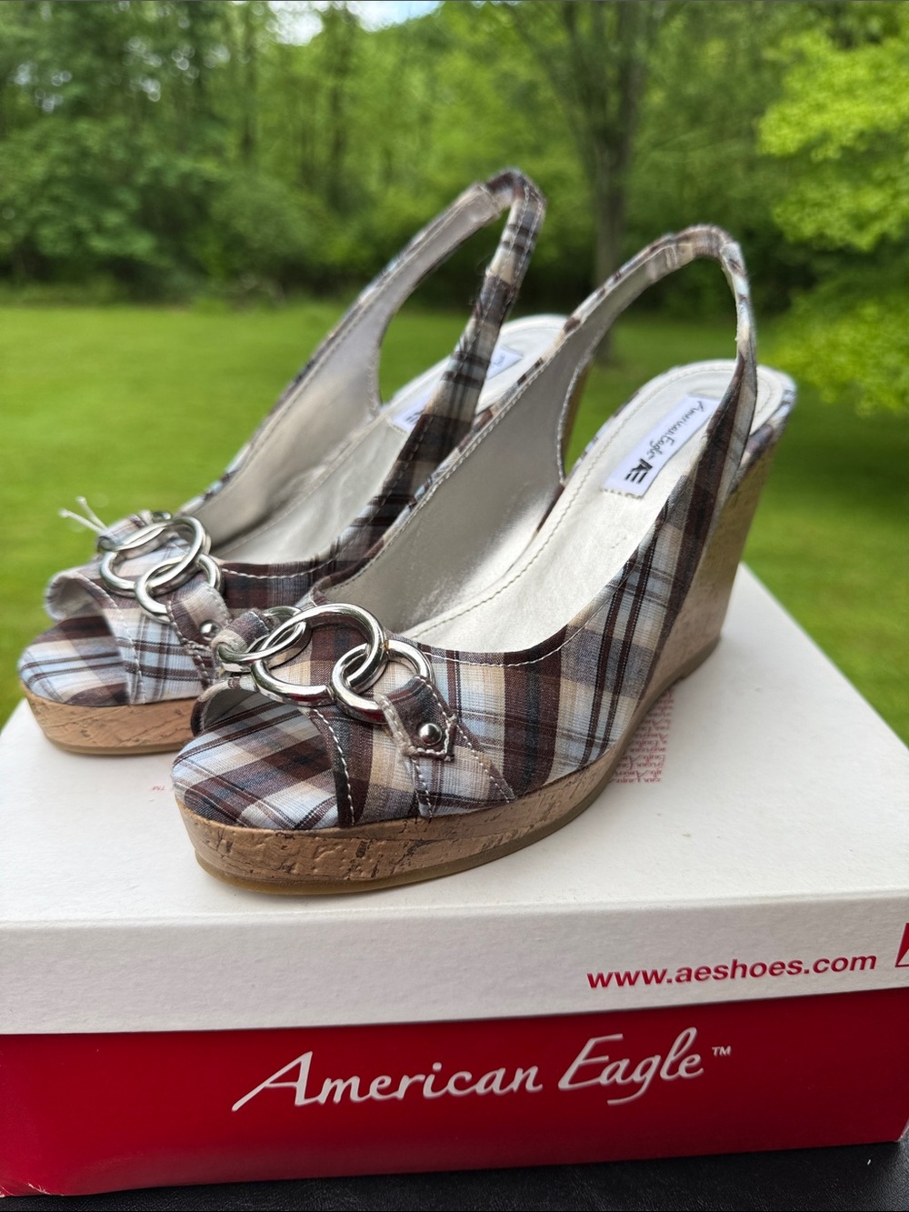 American Eagle Outfitters Brown Plaid Peep-Toe Slingback Wedge Sandals